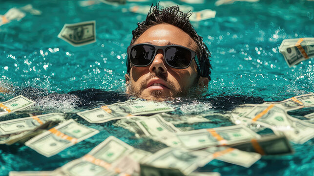 businessman swimming with money. wealth and success concept. To be rolling in money