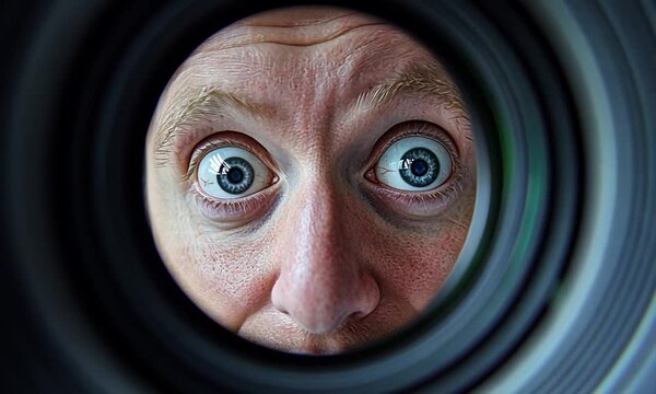 A close-up of a person's eyes looking through a camera lens.