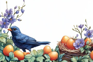 Easter illustration with painted eggs and bunnies. Spring Easter holiday. Eggs with Stunningly Detailed Floral Patterns.