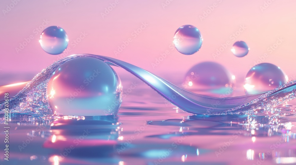 Poster futuristic 3d render of a glass ribbon on water with floating geometric circles and spheres.