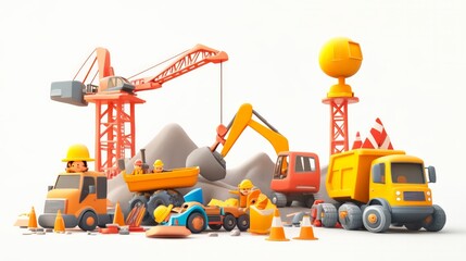 Playful cartoon construction site with trucks and builders, isolated on white background with room for card message