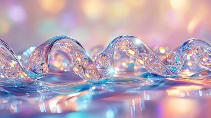 Futuristic 3D render of a glass ribbon on water with geometric shapes such as circles and spheres.