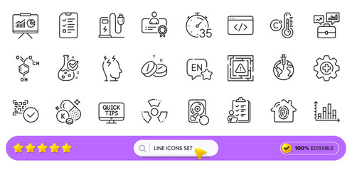 Seo script, Chemistry lab and Qr code line icons for web app. Pack of Presentation, Celsius thermometer, Chemical hazard pictogram icons. Diagram graph, Medicine, English signs. Stress. Vector