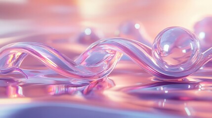 Futuristic 3D render of a glass ribbon on water with geometric shapes such as circles and spheres.