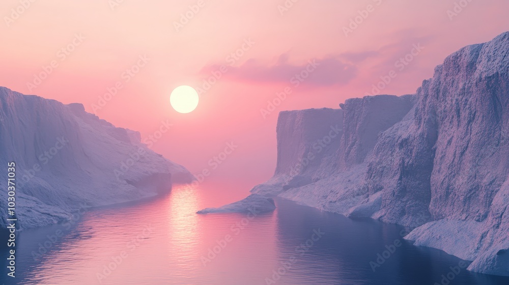 Aufkleber futuristic 3d render of a tranquil landscape with cliffs and water, set in a minimal abstract enviro