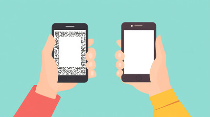 This vector illustration depicts a cartoon-style scene of hands holding a smartphone, designed to showcase the process of scanning a QR code.