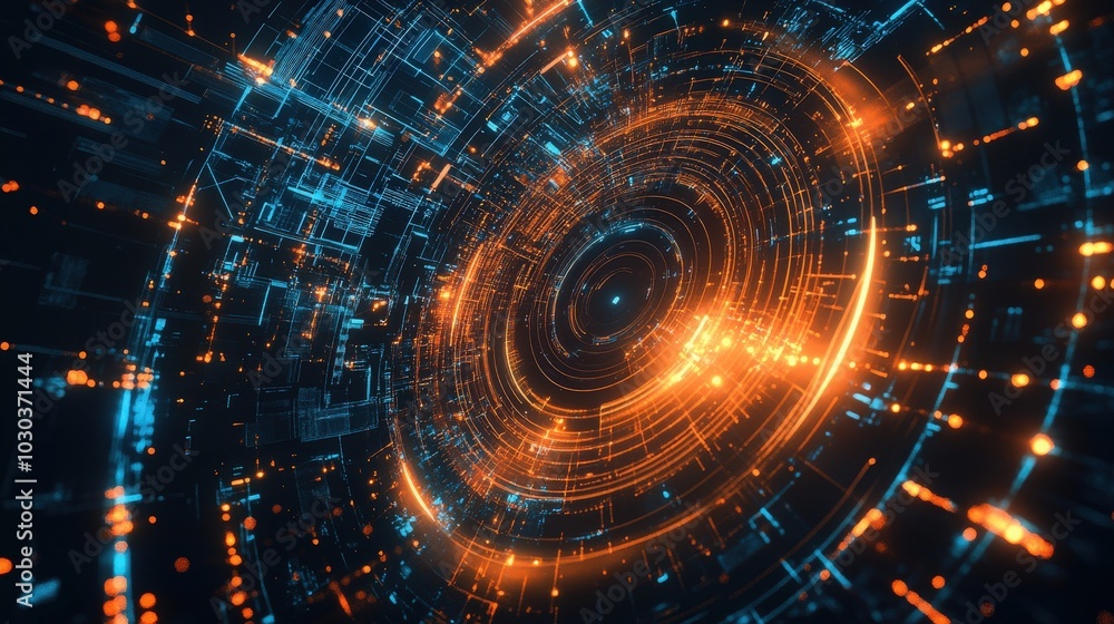 Poster futuristic abstract shapes illuminated by glowing technology patterns, perfect for high-tech and dig
