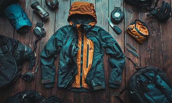 A teal and orange waterproof jacket laid out on a wooden surface with various outdoor equipment, such as backpacks, a compass, a knife, and water bottles.