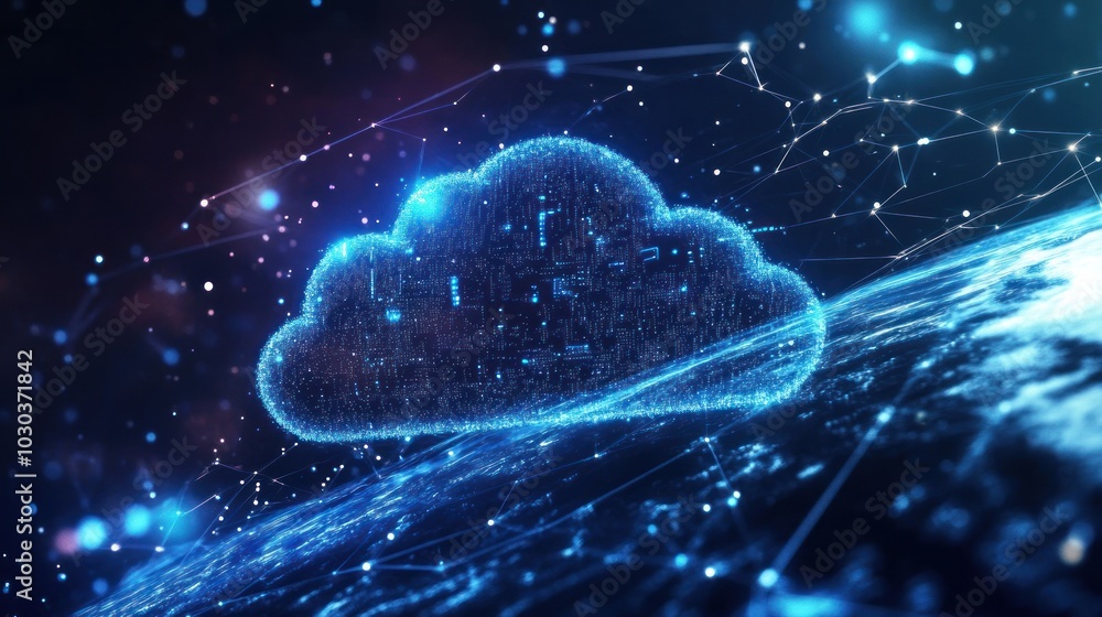 Aufkleber a 3d rendering of a cloud computing symbol over a futuristic glowing earth.