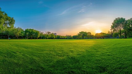 Obraz premium Beautiful green lawn in the park with trees and a blue sky, a summer landscape. A wide grass field in the background. People camp in nature at sunset.
