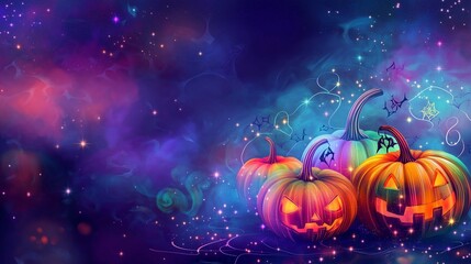 A glowing Halloween card with abstract colorful pumpkins and swirling mist, set against a dark purple and blue backdrop with twinkling stars, creating a mysterious and festive scene.
