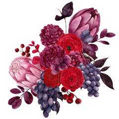 Watercolor composition with hand draw twilight floral bouquet and fruit, fresh pomegranate, plum, apple, red, burgundy, marsala flowers, isolated on white background