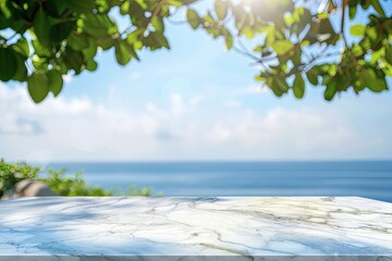 Beautiful marble table top with blurred background of blue sky and green leaves over the sea, summer concept. generative ai .on white marble table top with blurred background of blue sky and green