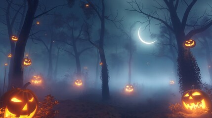 A foggy forest clearing at night, with glowing jack-o-lanterns and a crescent moon casting an eerie glow, surrounded by dark, leafless trees with glowing eyes peeking out.