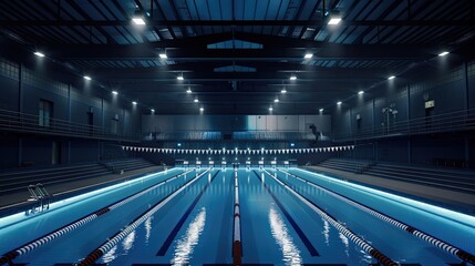 Obraz premium Beautiful view of an olympic swimming pool in the center, an indoor olympic pool with a slanted ceiling and long underwater lighting. A large indoor pool with rows of bright blue water and white start