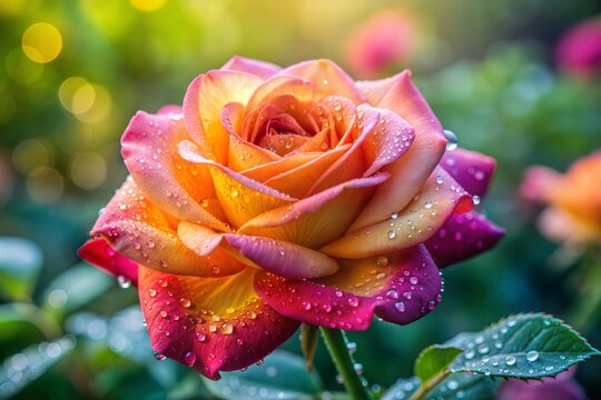Close-up of dewy vibrant rose against soft green nature background