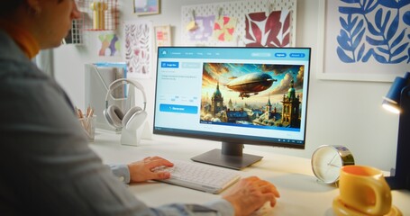 Young man types prompt in AI image generator on PC. Artificial intelligence software generates detailed photo of steampunk airship. From text prompt to realistic generated image. Automated artwork.