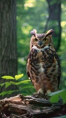 Fototapeta premium Standing on a tree log is a Great Horned Owl ai generated art