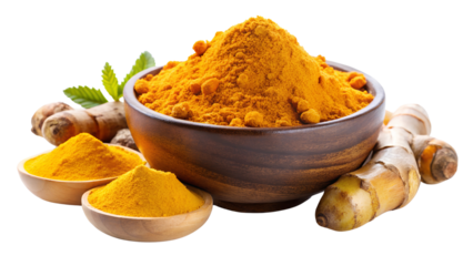 Turmeric powder and turmeric on a white or transparent background.