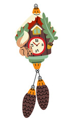 A Soviet Christmas tree toy. A house with a dial and a squirrel on a branch behind an acorn. Pine cones are hanging on a ribbon. A long retro Christmas tree toy. Vintage color. The chimes are striking