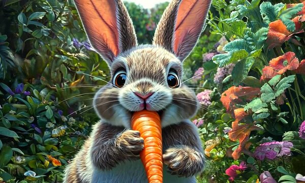 A cute bunny rabbit sitting in a garden and eating a carrot.