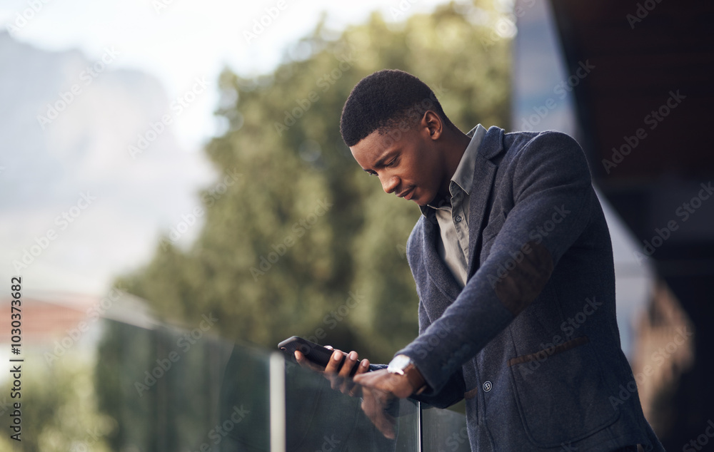 Poster Man, balcony and phone for online communication, conversation and networking client in office. Black person, professional lawyer and discussion on legal case, attorney and chat to business contact