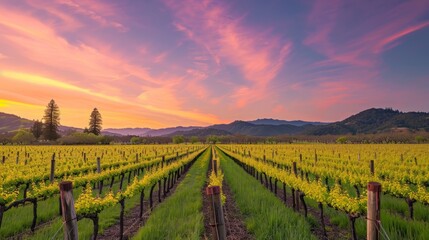Fototapeta premium Captivating Spring Vineyards and Majestic Mountains: A Breathtaking Sunset Sky in Napa Valley Wine C