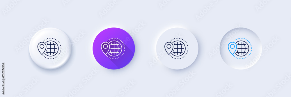 Poster world travel line icon. neumorphic, purple gradient, 3d pin buttons. trip globe sign. map location p