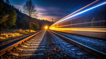 Naklejka premium Long exposure photo of train tracks at night with light trails