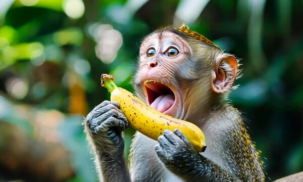 A surprised monkey with its mouth open holding a banana.
