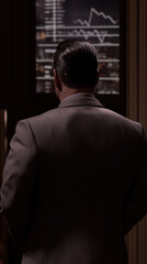 Obraz premium A businessman in a suit stands with his hands behind his back, gazing thoughtfully out at the city skyline through a window at night, while a virtual screen above him displays dynamic data graphs.