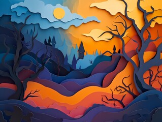 Halloween Poster Banner Cover Paper Artwork Background for Greeting or Social media Post. Neo Art Cards