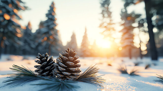 Pine cones resting on snow with sunlight filtering through trees.