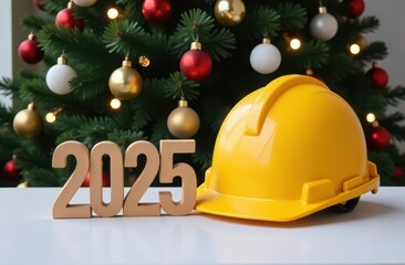 bright yellow construction helmet rests next to wooden numbers 2025, placed in front of a beautifully decorated Christmas tree adorned with ornaments. Christmas and Happy new Year 2025