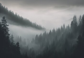 Pine forest in the mountains, foggy area. Landscape, autumn, cloudy day, nature, trees, pine needles. Wildlife