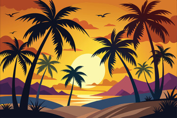 A sunset with palm trees and mountains in the background.