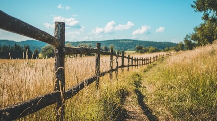 Obraz premium Rustic Fence Lined with Tall Grass Under Blue Sky