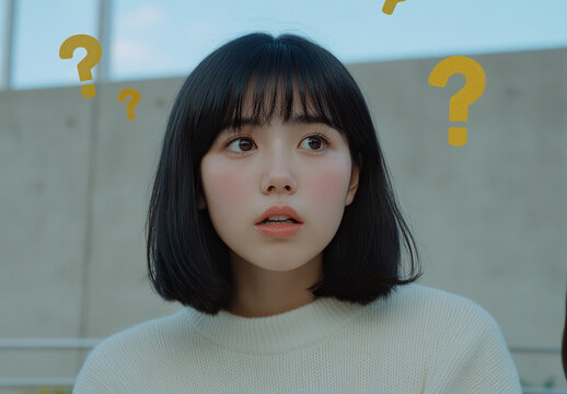 Professional portrait of a Japanese woman in a white sweater, surrounded by floating question mark symbols against a neutral gray background, symbolizing curiosity and inquiry.
