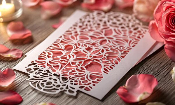 Close-up of a white laser cut wedding invitation with pink rose petals on a woodgrain table.