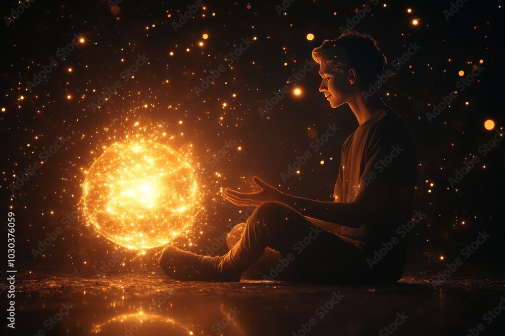 Poster man sitting in the dark holding a glowing orb capturing wonder reflection and the mystical connectio