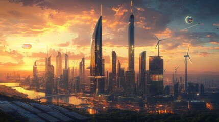 Naklejka premium A vibrant sunset lights up a futuristic city with sleek skyscrapers, wind turbines, and solar panels, showcasing a harmonious blend of technology and nature in an urban setting.