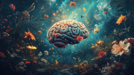 A brain surrounded by floating positive affirmations, such as  enough,   healing,  and  calm