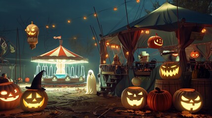 A creepy Halloween circus performance, with a dimly lit tent, jack-o'-lanterns, and spooky clown masks. 