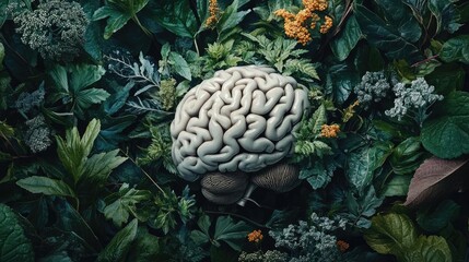 A brain surrounded by plants, symbolizing growth through mindfulness and care
