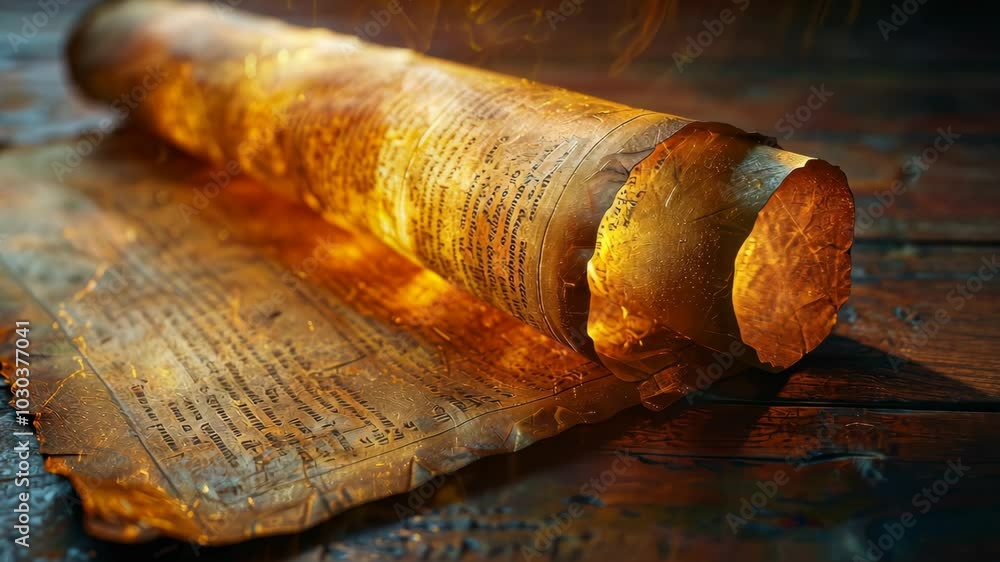 Poster an ancient scroll glows with warm light, its pages filled with secrets of the past, resting on a woo