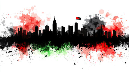 Abstract vector illustration of Dubai city skyline with the national flag on a white background, featuring vibrant color splashes and brush strokes in black, red, and green.