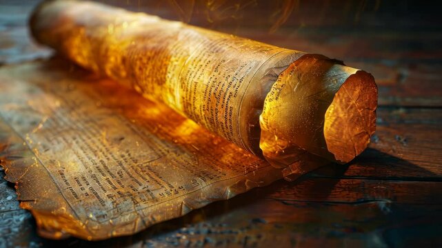 An ancient scroll glows with warm light, its pages filled with secrets of the past, resting on a wooden surface