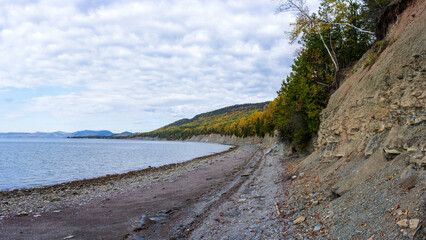 Miguasha Provincial Park fossil cliffs in Quebec, Canada. Miguasha is a World Heritage Site for...