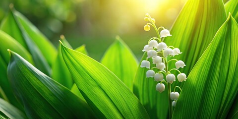 Obraz premium Long shot of lily of the valley flower with green leaves in the springtime