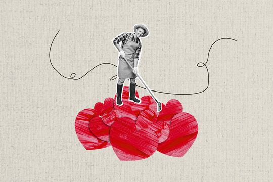 Naklejki Collage 3d image of pinup pop retro sketch of agriculture heart shape valentine day love cultivating bizarre unusual fantasy billboard